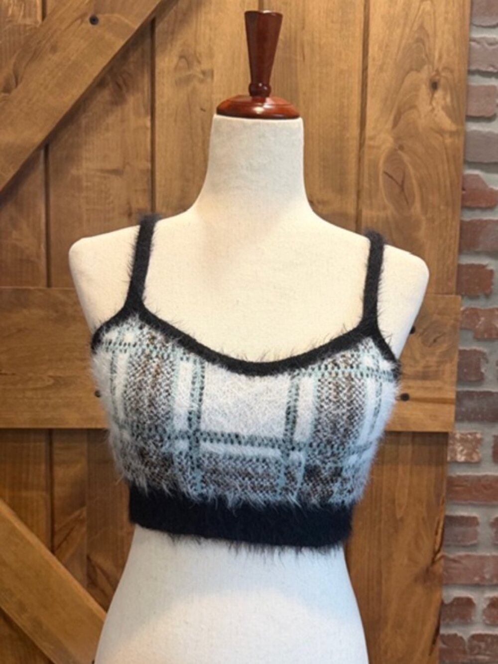 Stitch & Pine Fuzzy Plaid Crop Tank Medium Soft Girl Coquette Grunge Bralette